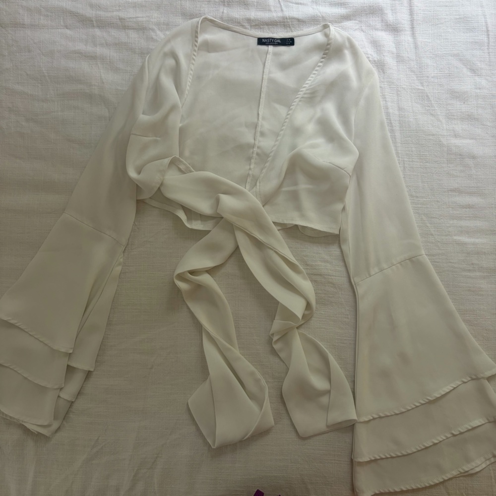 White Tie-Front Ruffle Top - Picture 2 of 4
